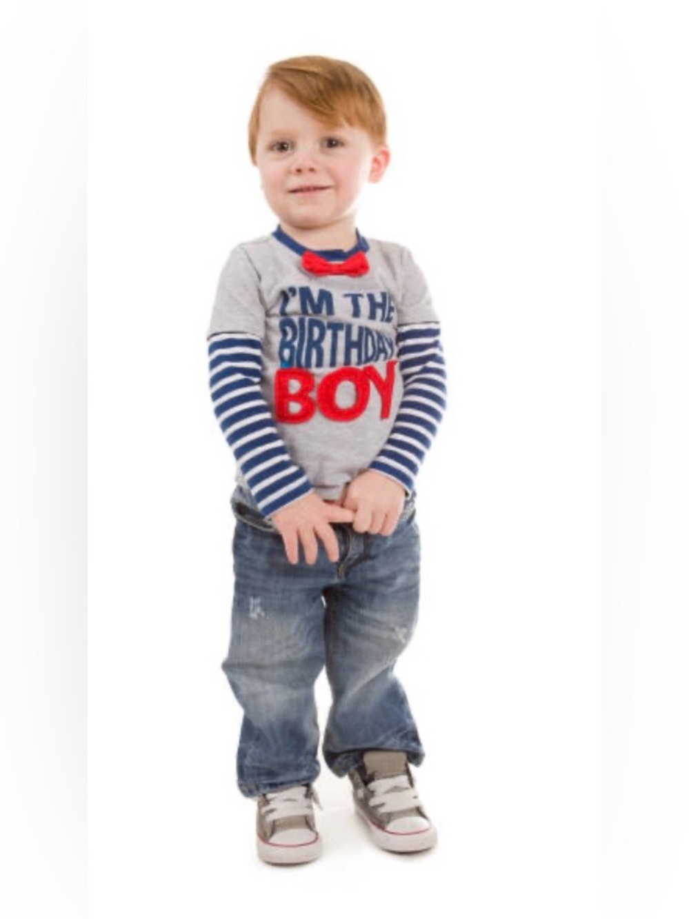 Koala Kids Grey Layered-Look Birthday Bodysuit with Navy Stripes and Red Accents